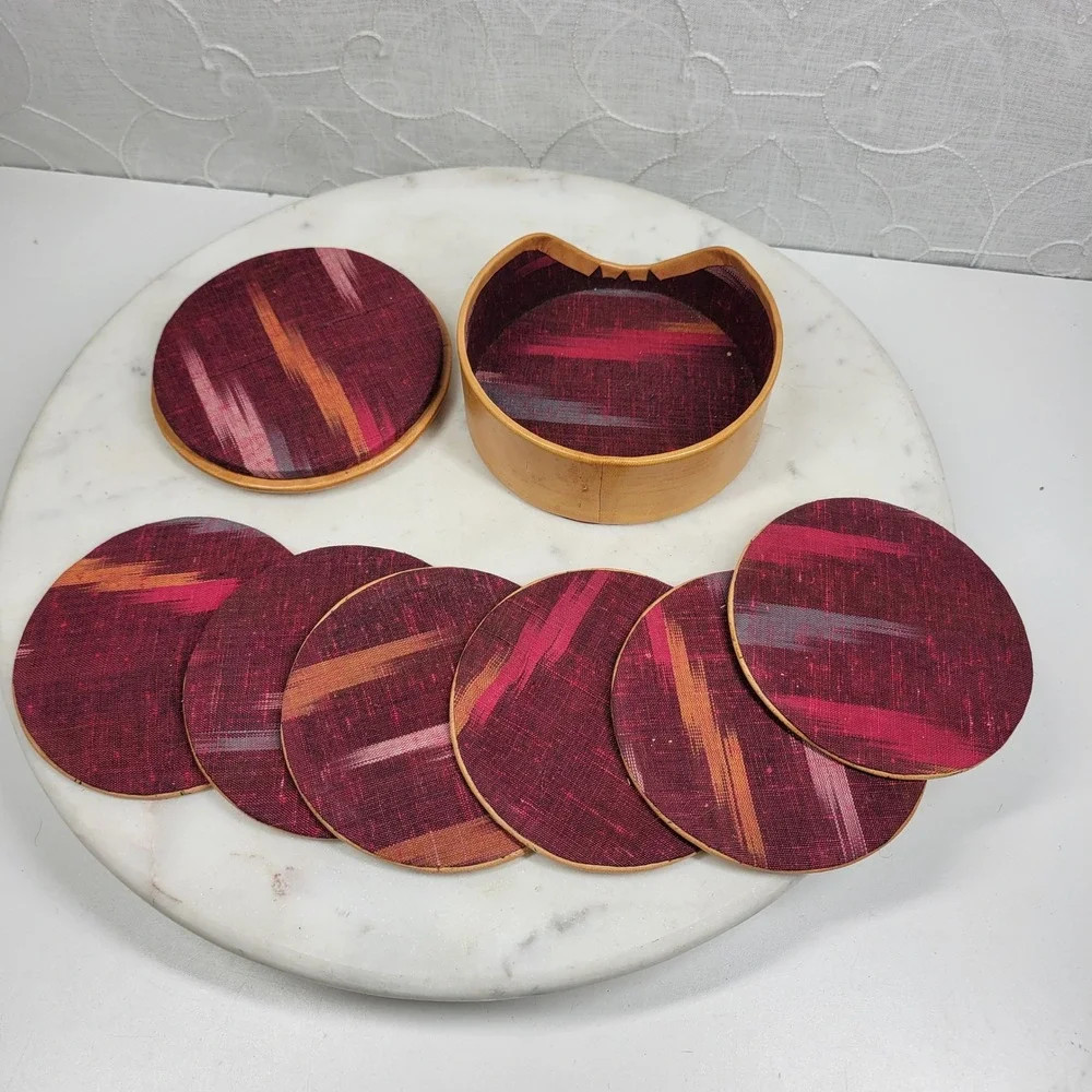 VTG Hand Painted Leather Fish Coaster Set w Storage Box Silk Back Folk Art Boho